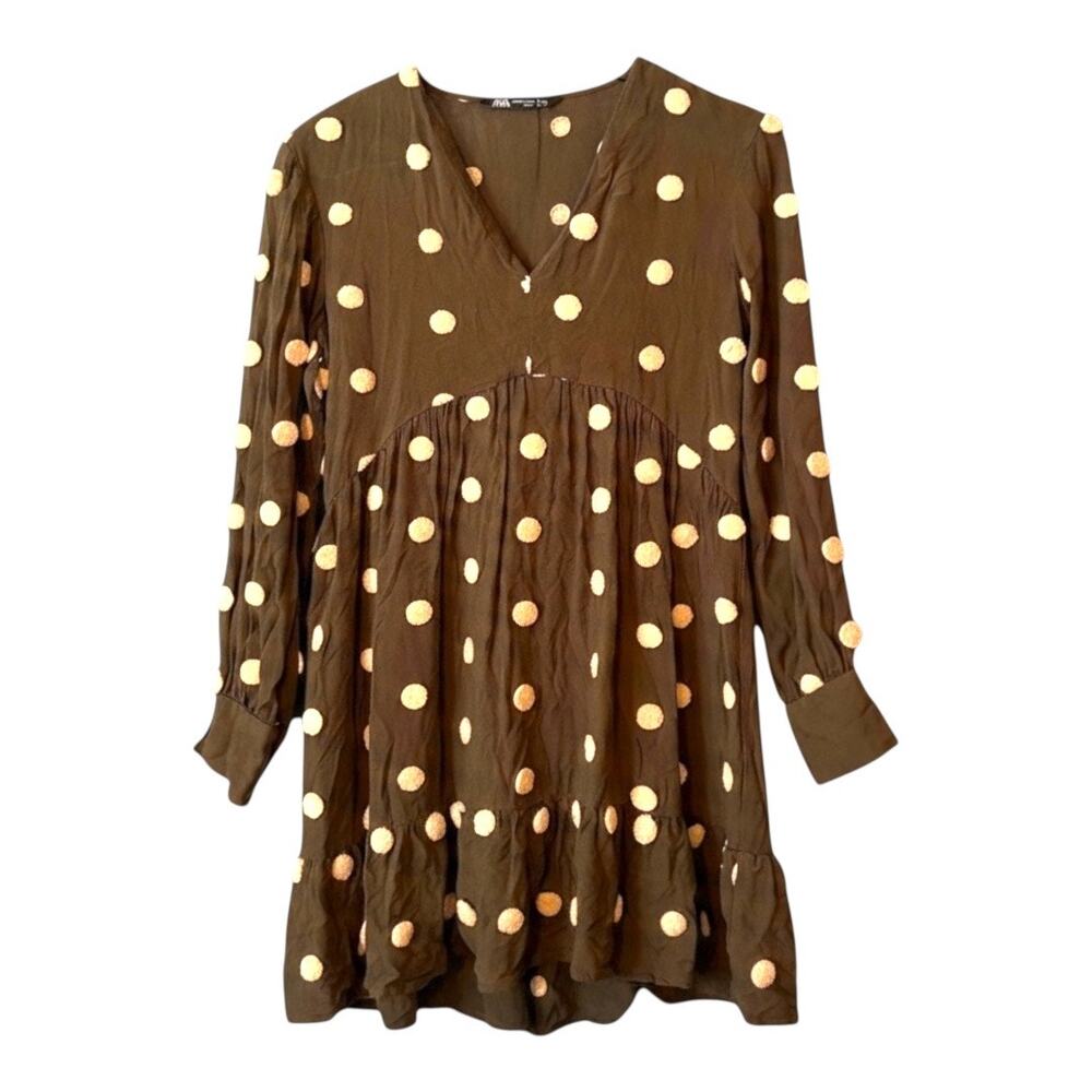Zara Long Sleeve Dress - Mini Green Polka Dot Fit & Flare - XS to S - Fun Flirty